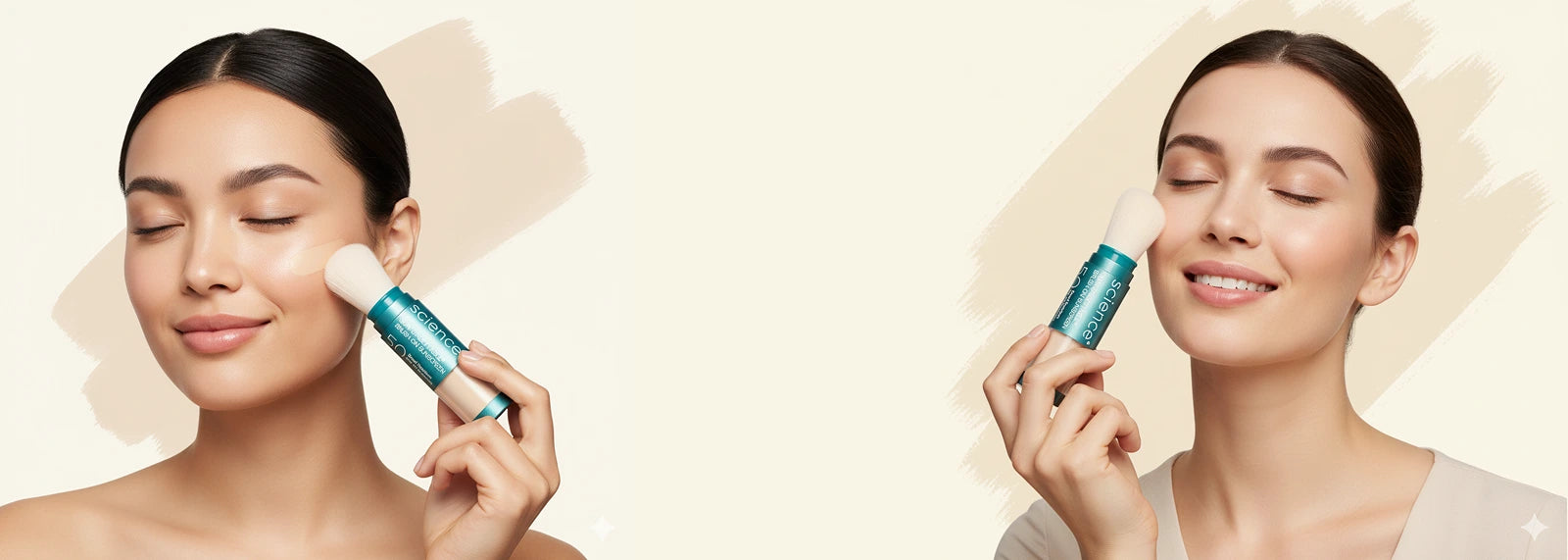 Woman applying a skincare product with a blue tube on a beige background