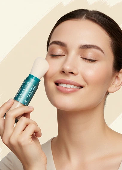 Woman applying a skincare product to her face with a beige background